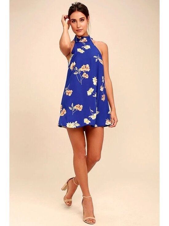 Lulus Dresses & Skirts - Lulus Swing Dress Size Medium Royal Blue Floral Print Sleeveless V-Neck Keyhole